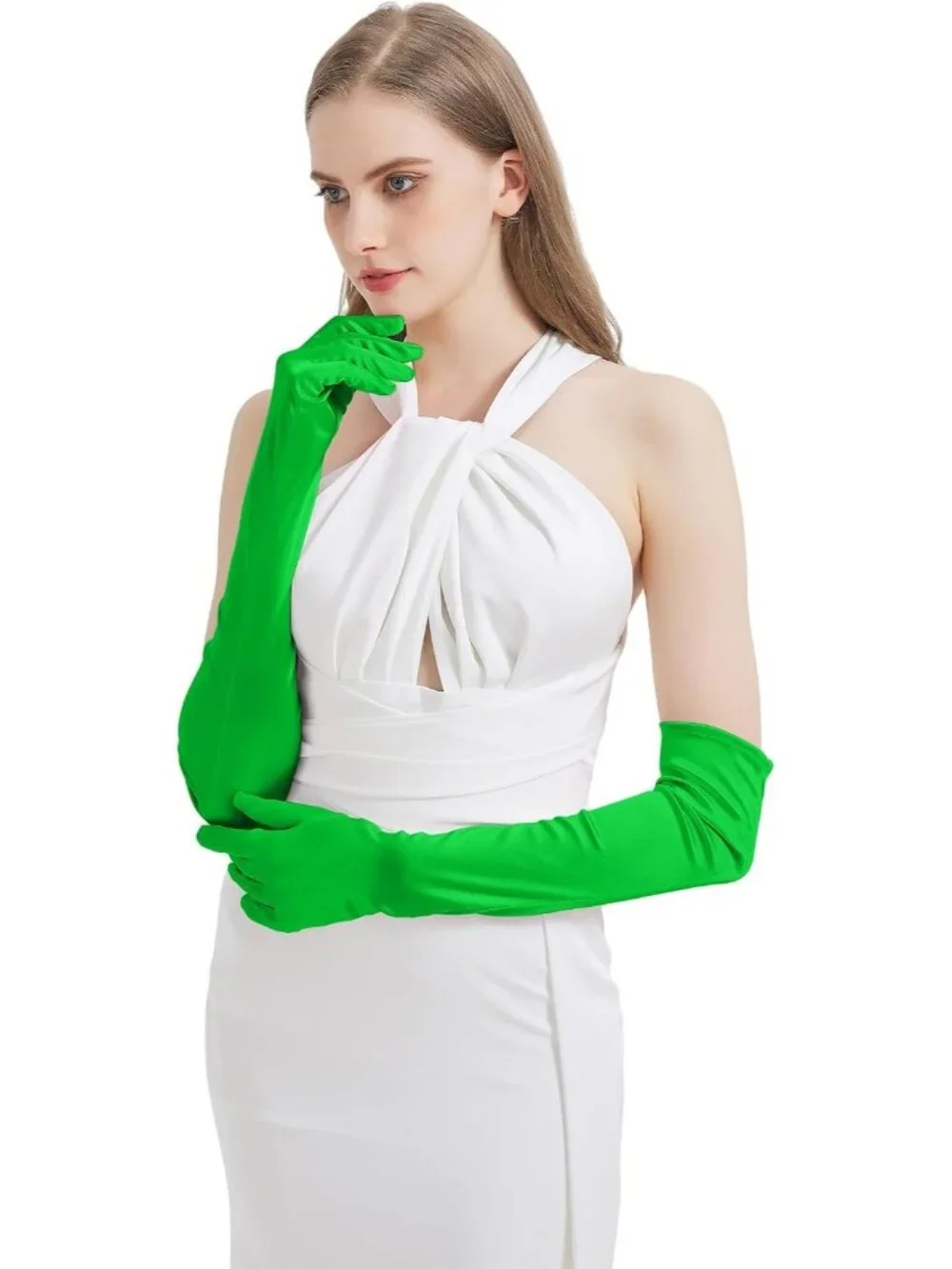 Women's Bright Green Satin Opera Elbow Length 1920s Flapper Long Gloves Party